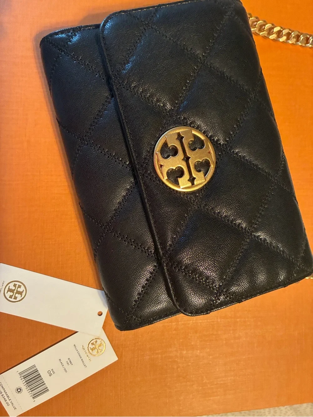 Tory Burch Black Quilted Leather Chain Wallet Crossbody with Gold Logo